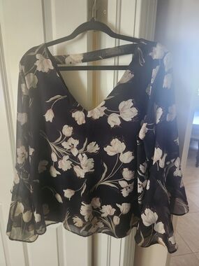 Pretty Black Floral V-Neck Sheer Blouse with Blush Flowers